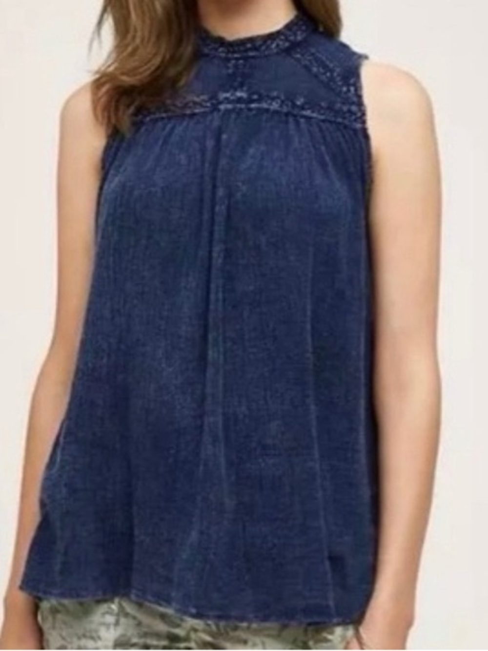 Anthropologie Eri + Ali Blue Sweetbriar High Neck Lace Denim Tank Top Blouse M